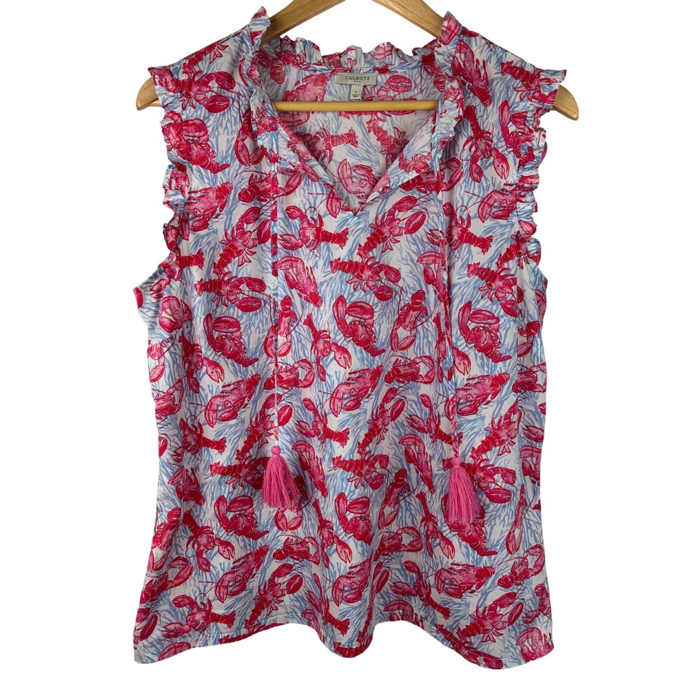Talbots Lobster Sleeveless Cotton Blouse Large Coastal Nautical Ruffle Neck - Picture 2 of 9